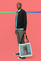 Tote bag with cactus artwork, light blue panel, black handles at side