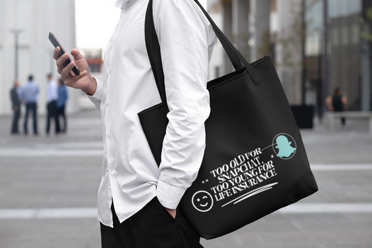 Funny Canvas Tote Bag - 'Too Old for Snapchat, Too Young for Life Insurance'