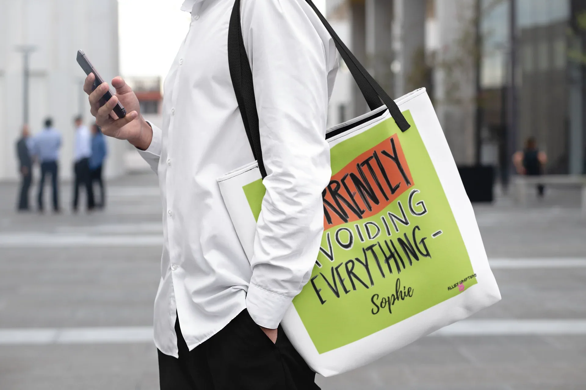 White canvas tote with lime green front and 'Currently Avoiding Everything-' text, Sophie