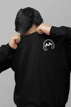 Black unisex sweatshirt with embroidered headphone logo on upper back