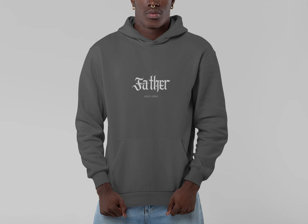 Charcoal gray pullover hoodie with hood and front pouch pocket, chest “Father” logo