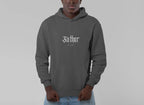 Charcoal gray pullover hoodie with hood and front pouch pocket, chest “Father” logo