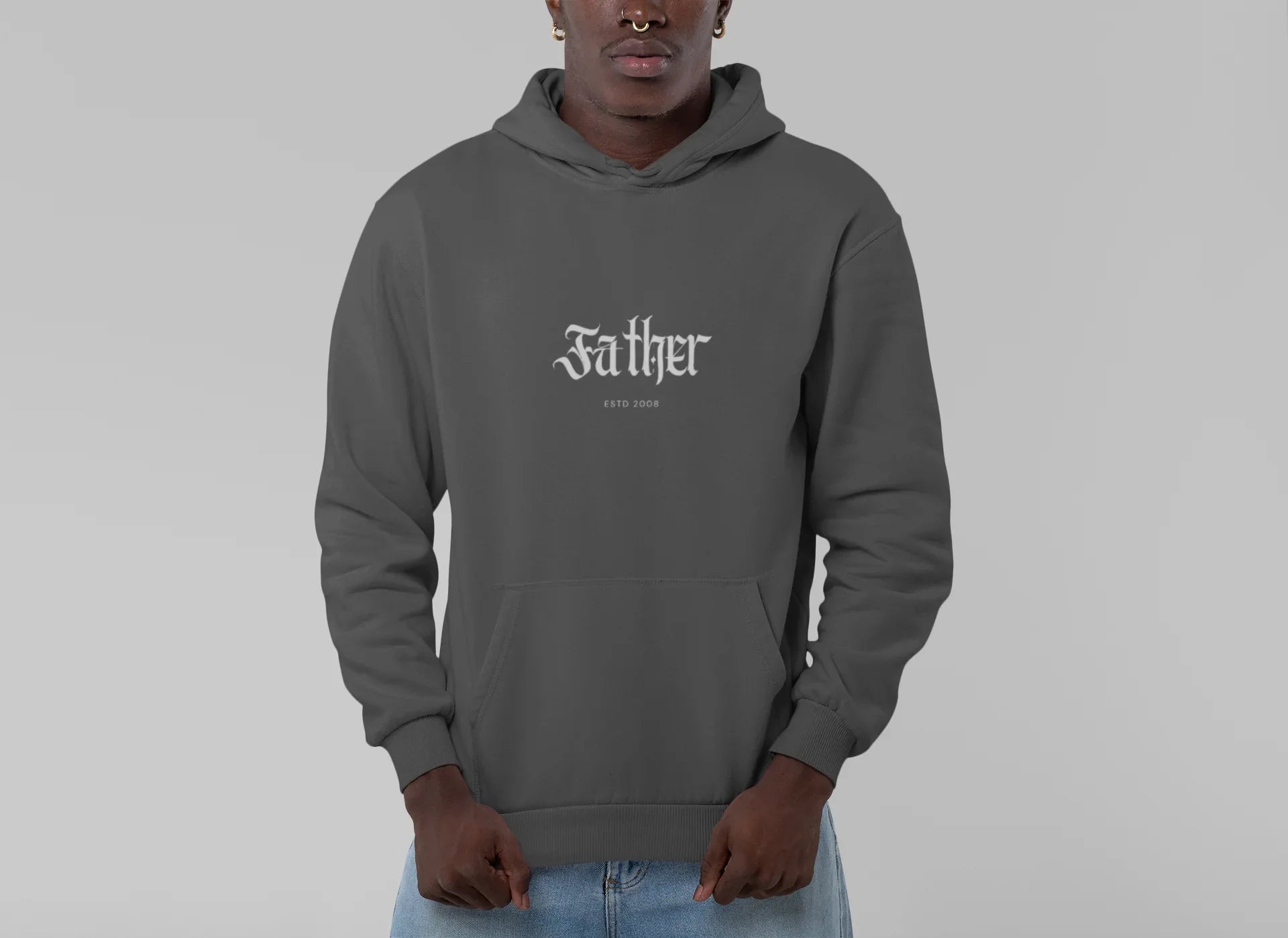 Charcoal gray pullover hoodie with hood and front pouch pocket, chest “Father” logo