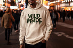 Cream hoodie pullover with 'WILD INSIDE' front graphic, hood and kangaroo pocket