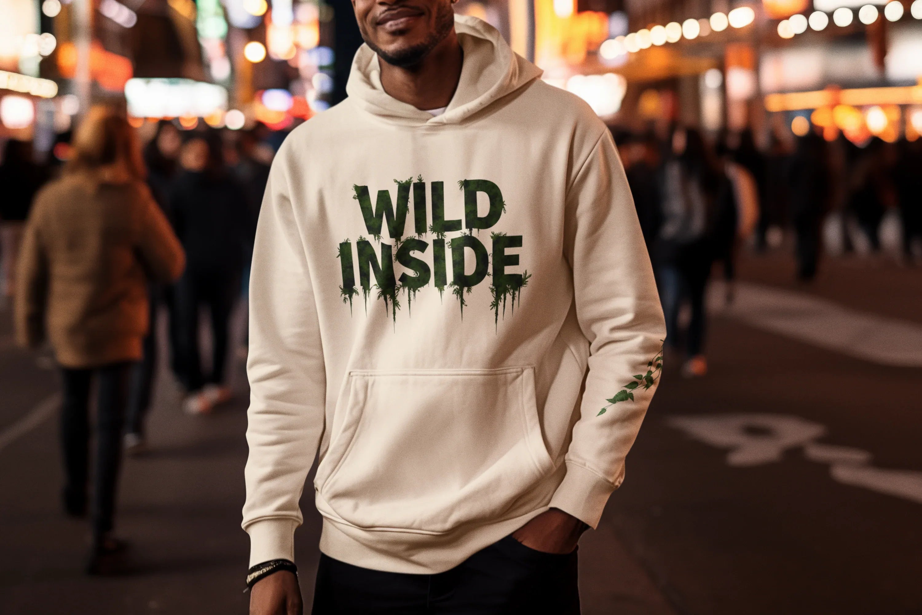Cream hoodie pullover with 'WILD INSIDE' front graphic, hood and kangaroo pocket