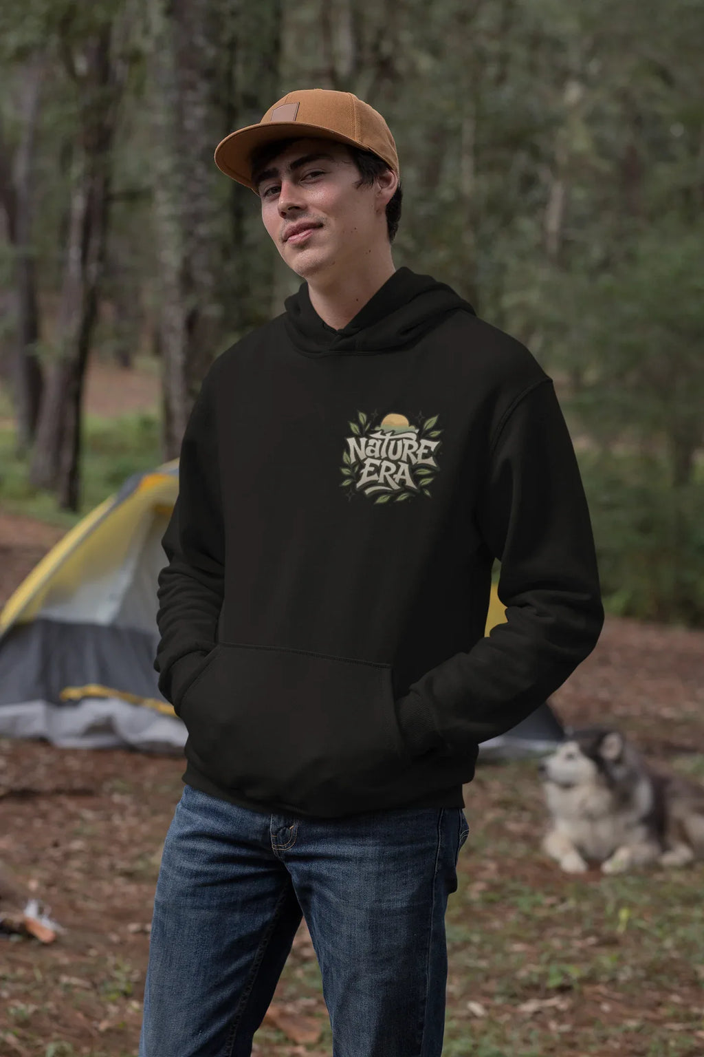 Charcoal Nature Era hoodie with embroidered chest logo, hood and kangaroo pocket.