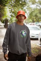 Charcoal gray crewneck sweatshirt with a circular dove and leaf nature logo on front.