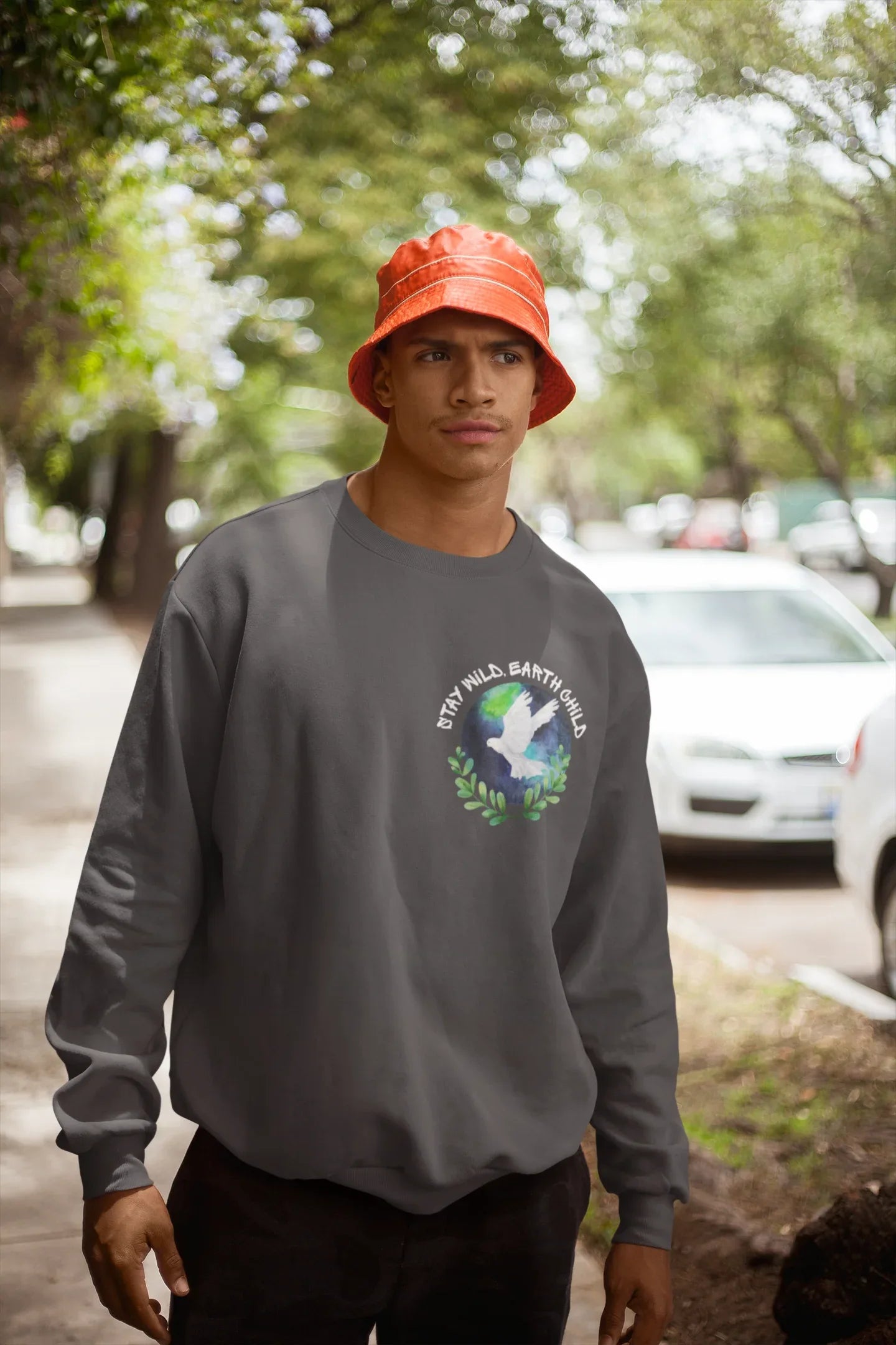 Charcoal gray crewneck sweatshirt with a circular dove and leaf nature logo on front.