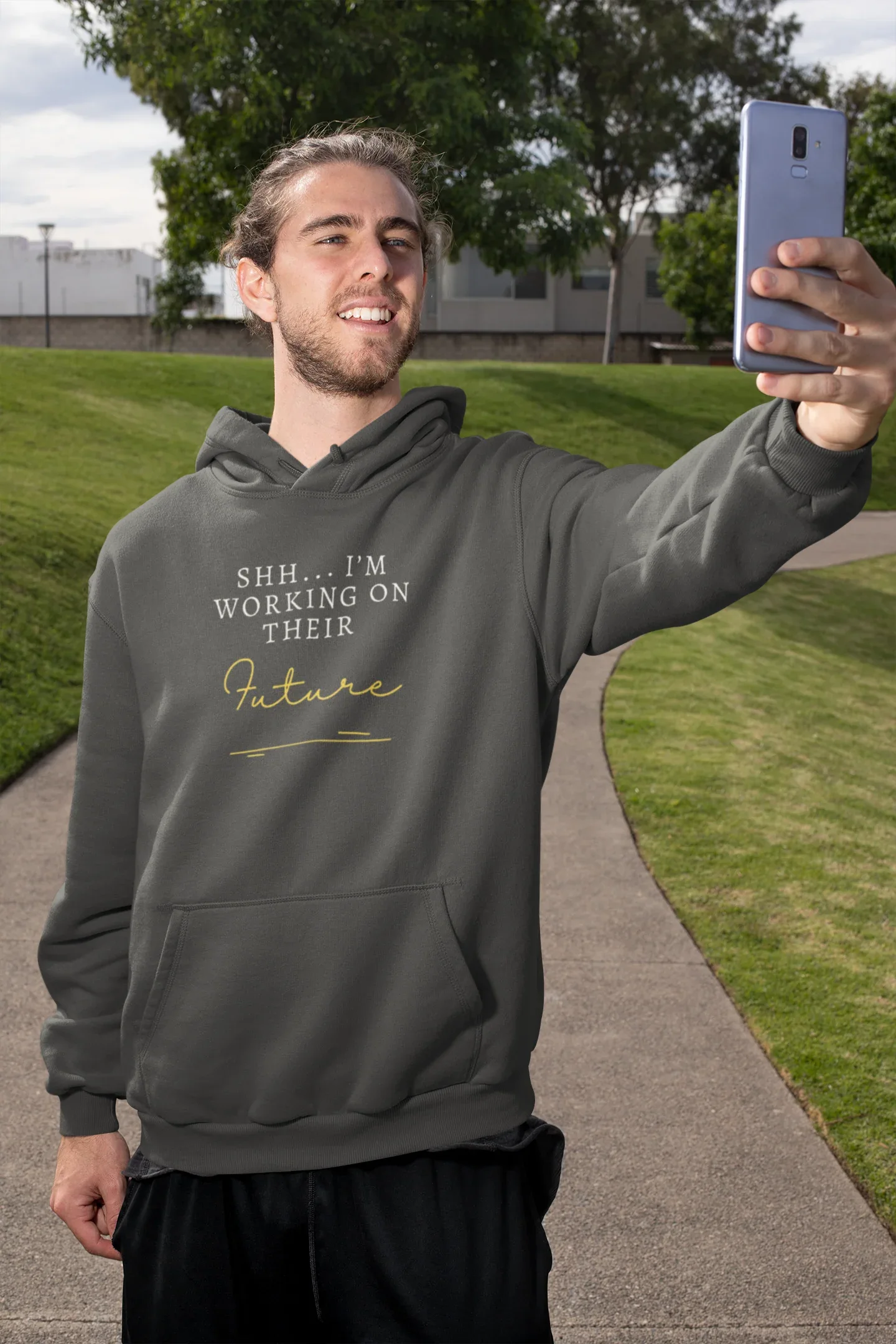 Charcoal gray hooded sweatshirt with kangaroo pocket and 'Future' logo