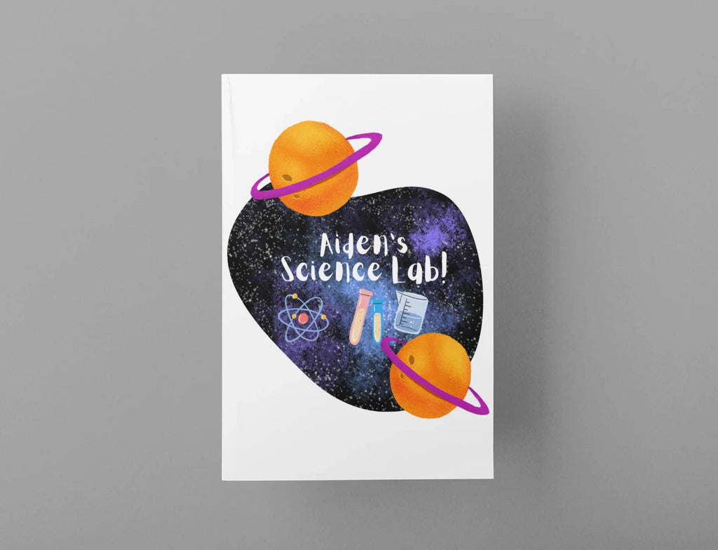 Standalone science-themed journal with purple heart, planets, and “Alien’s Science Lab!”