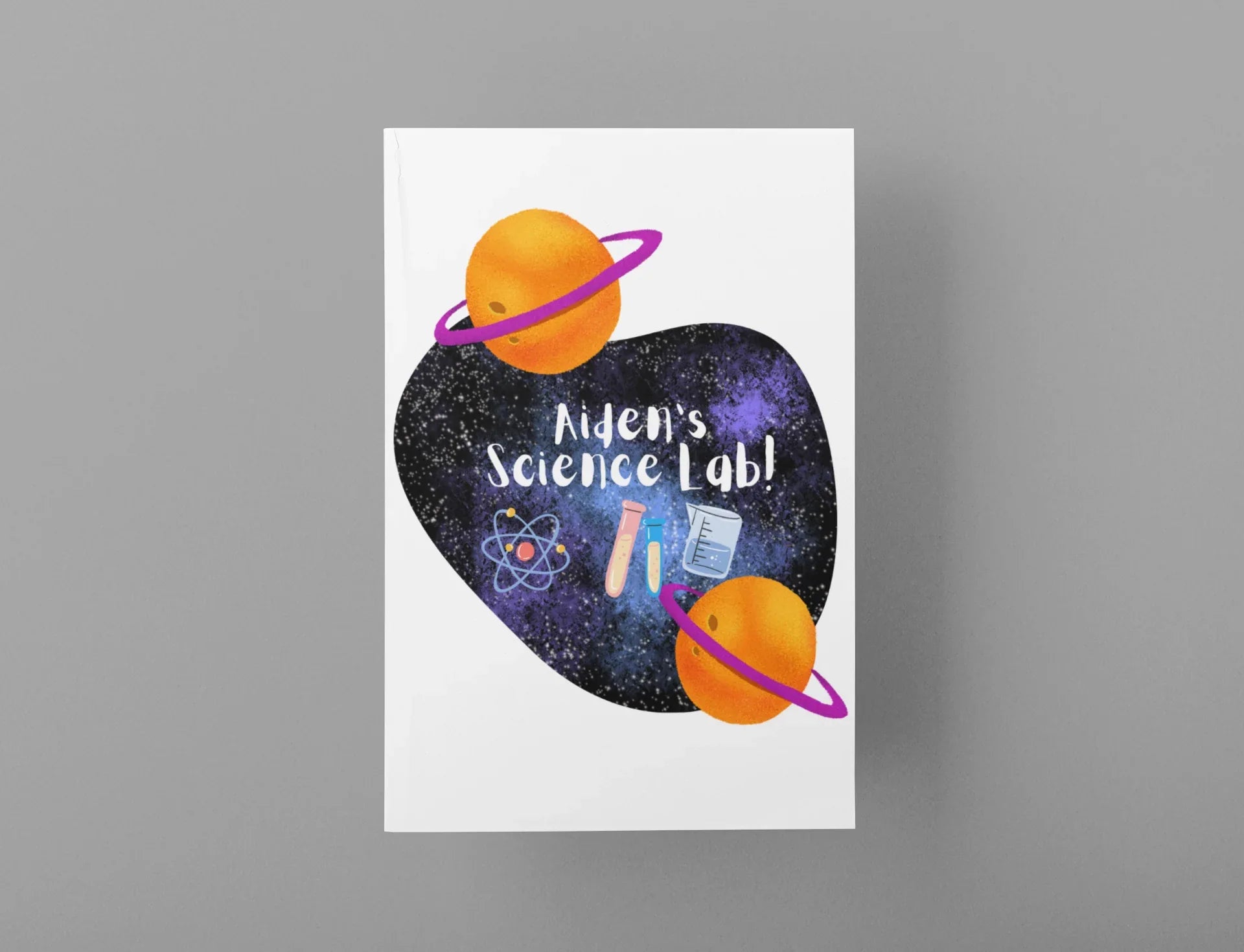 Standalone science-themed journal with purple heart, planets, and “Alien’s Science Lab!”
