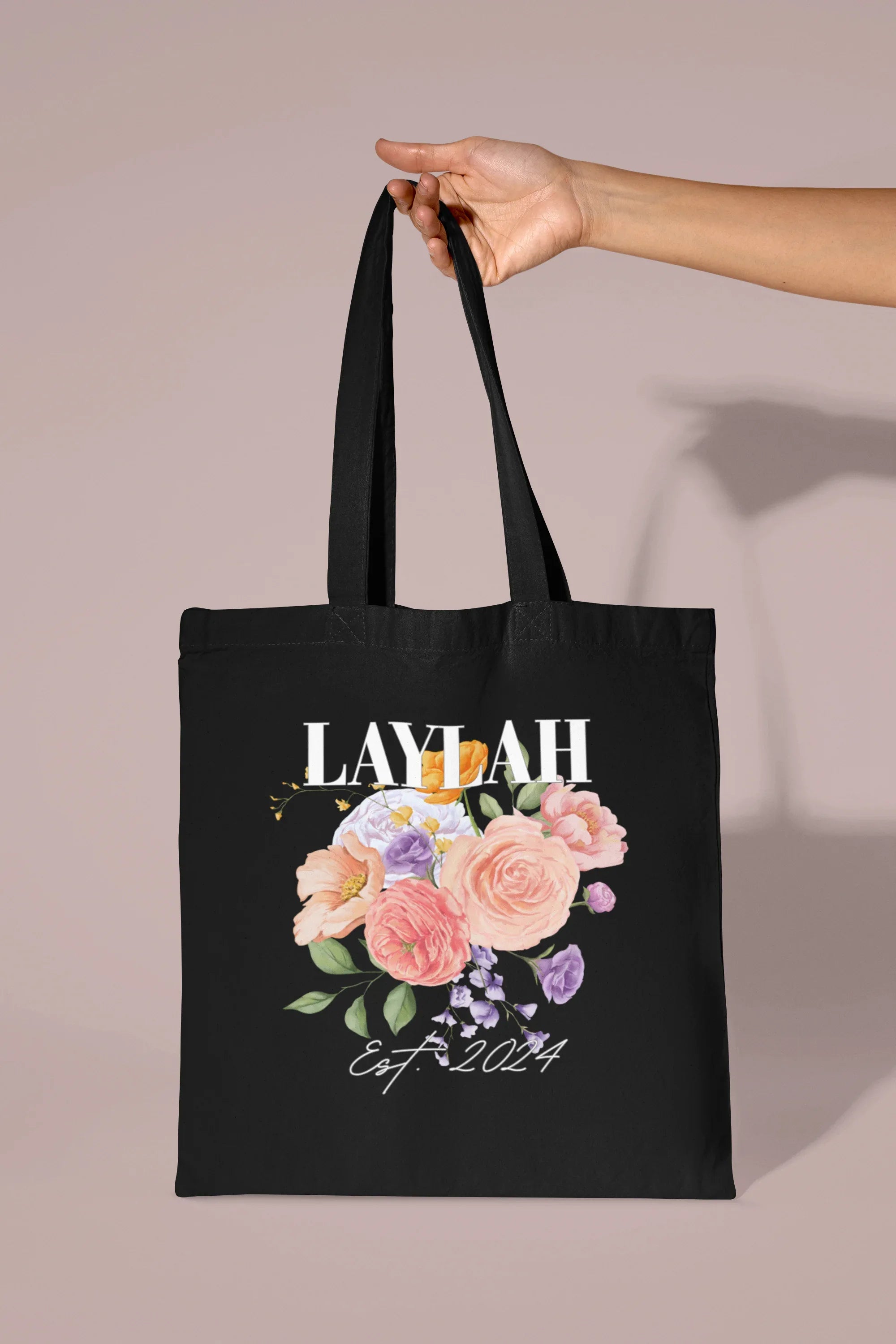 Personalised Floral Tote Bag | Custom Name, Text & Date | Choose Rose Colours | Eco Gift - Alley Crafters