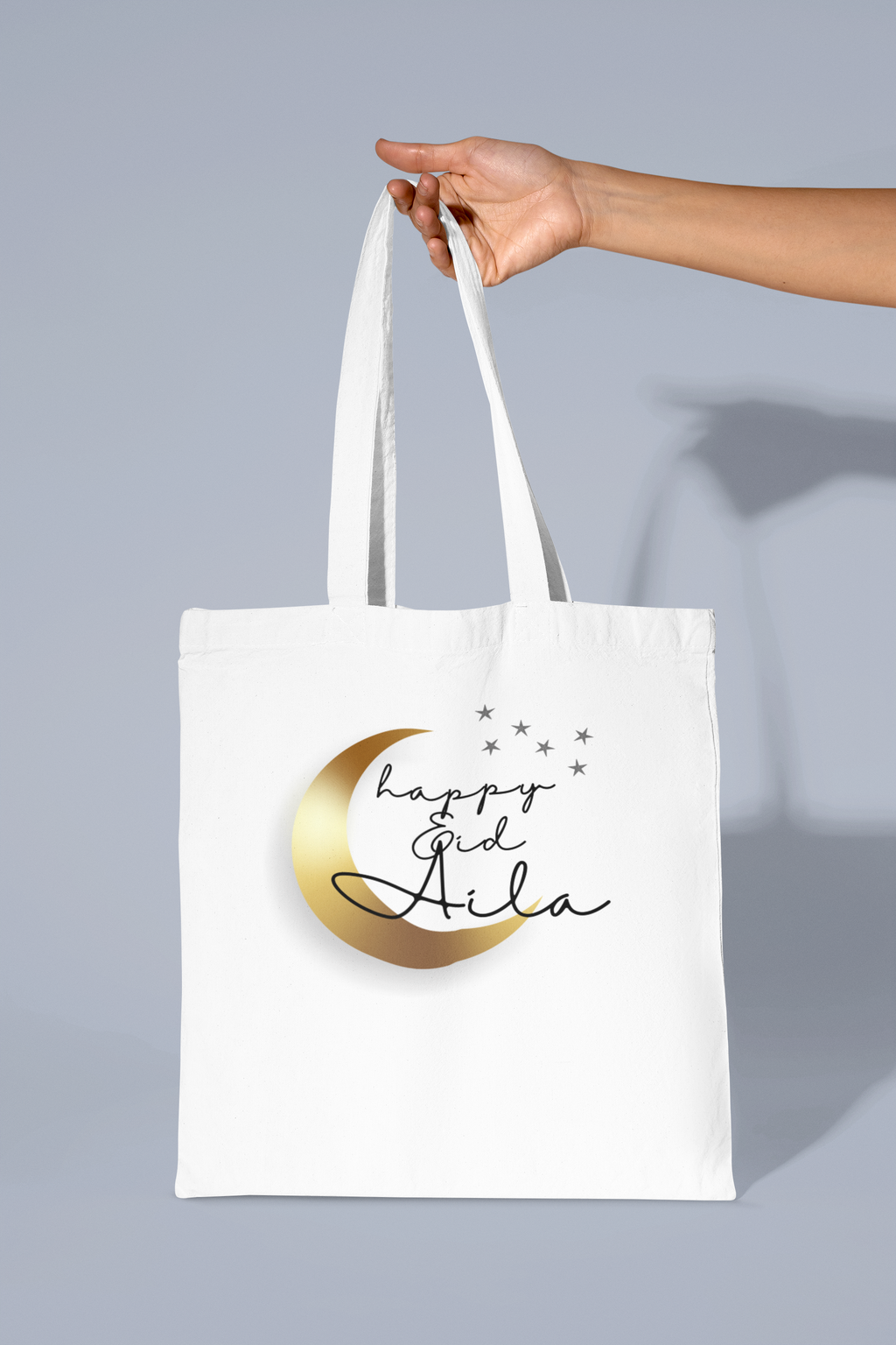 Personalised Happy Eid Tote Bag | Custom Name Moon & Stars Cotton Bag | Islamic Eid Gift
