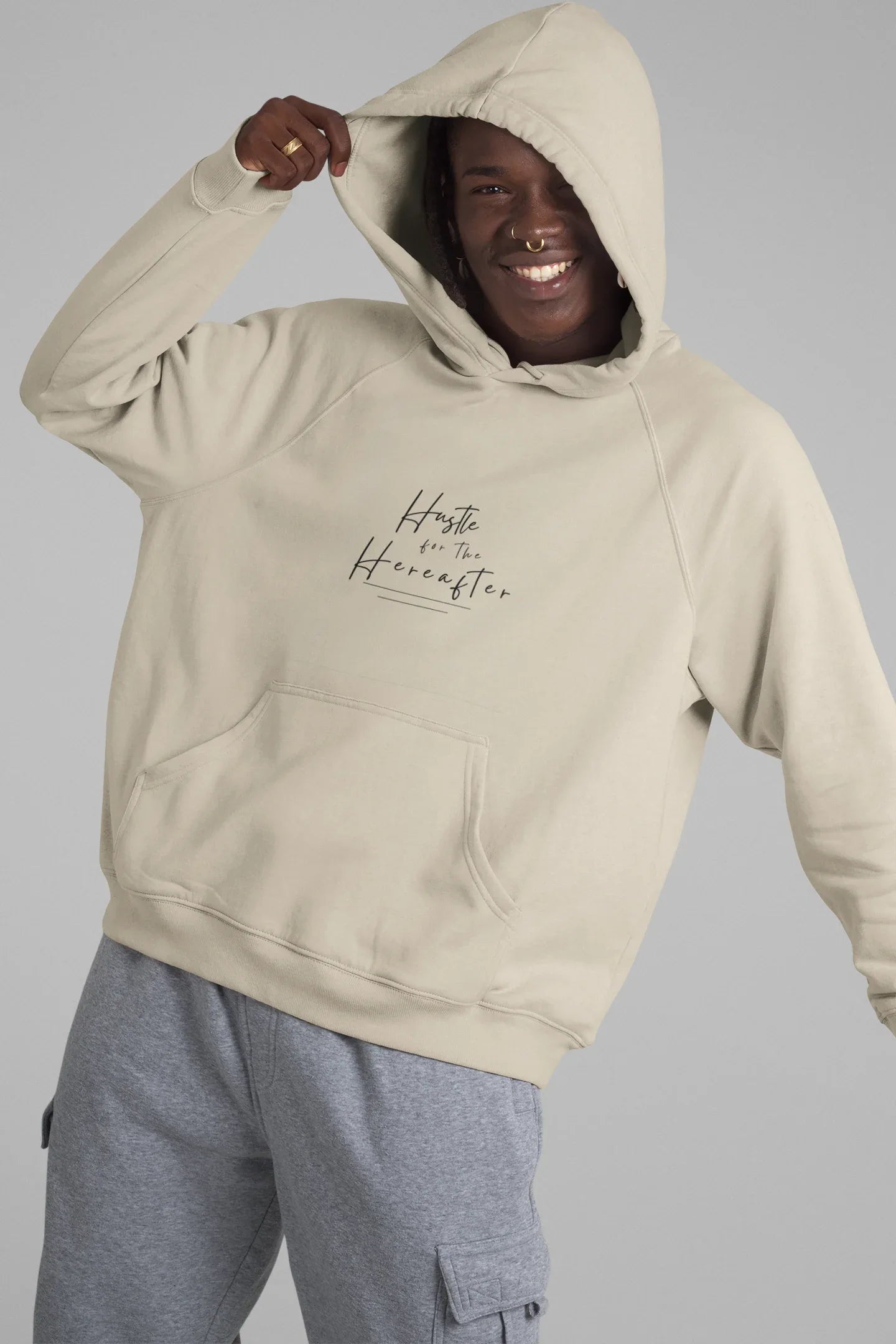 Sand hooded sweatshirt with front pouch pocket and chest script graphic