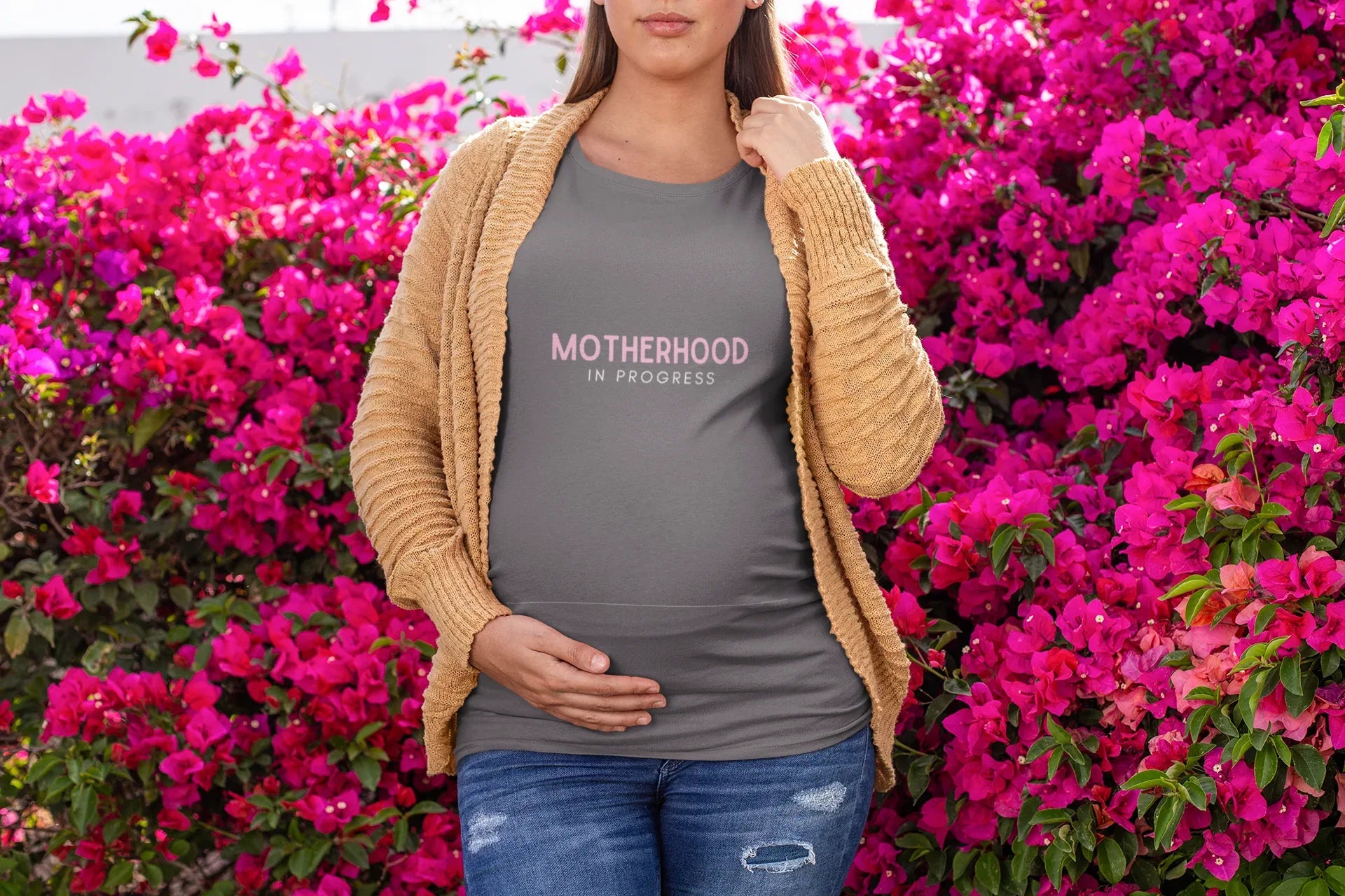 Maternity heavy cotton tee in dark gray with pink “Motherhood in Progress” print