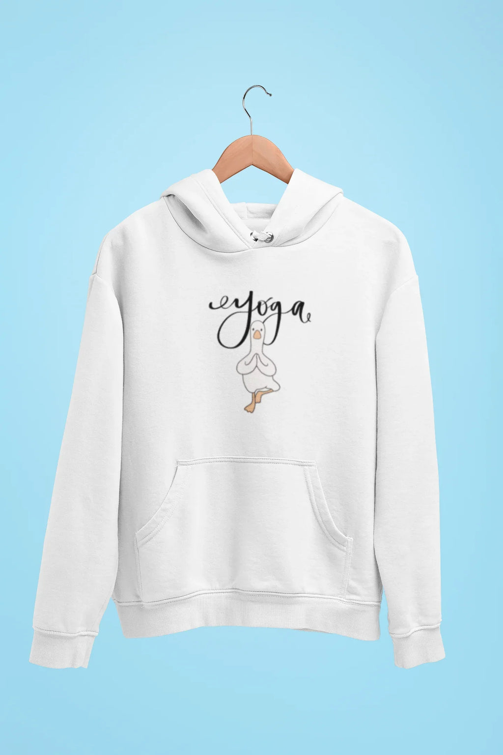 White duck pose hoodie with hood, drawstrings, and front pouch pocket