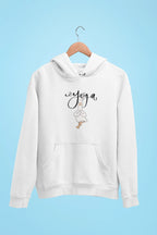 White duck pose hoodie with hood, drawstrings, and front pouch pocket