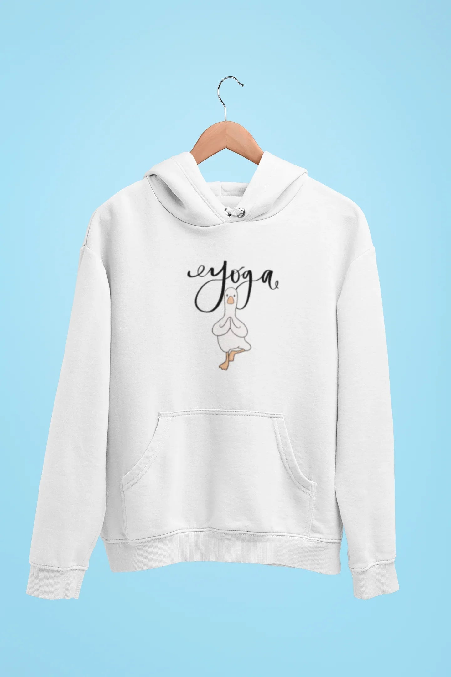 White duck pose hoodie with hood, drawstrings, and front pouch pocket