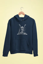 Navy hoodie with front pocket and white yoga lotus pose graphic