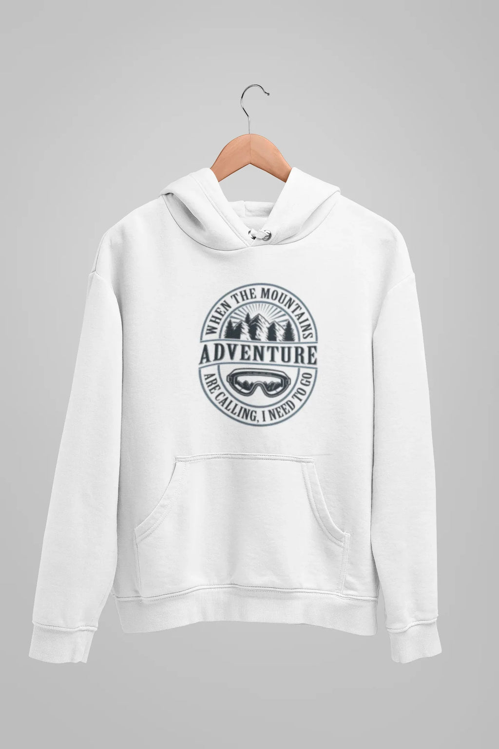White pullover hoodie with hood, kangaroo pocket, and circular “Adventure” logo.