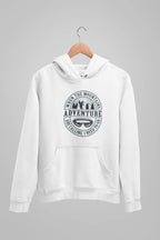 White pullover hoodie with hood, kangaroo pocket, and circular “Adventure” logo.