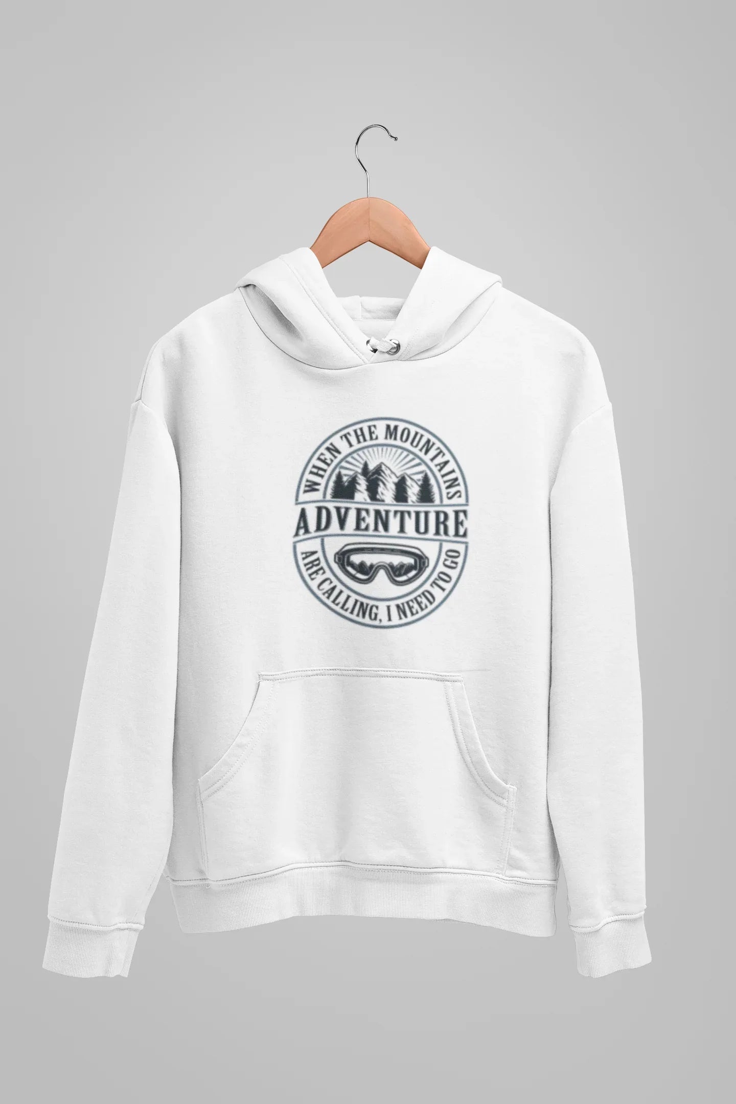 White pullover hoodie with hood, kangaroo pocket, and circular “Adventure” logo.