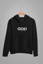 Black unisex hoodie, kangaroo pocket, centered 'GOD' chest slogan print