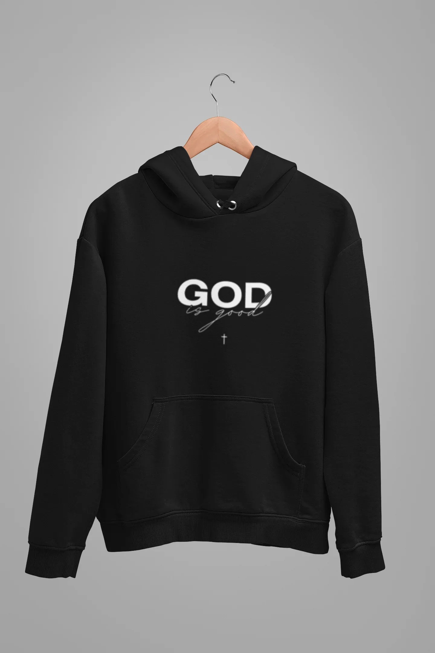 Black unisex hoodie, kangaroo pocket, centered 'GOD' chest slogan print