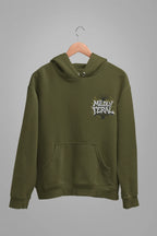 Olive green graphic hoodie with a small chest “Mildly Feral” logo and kangaroo pocket