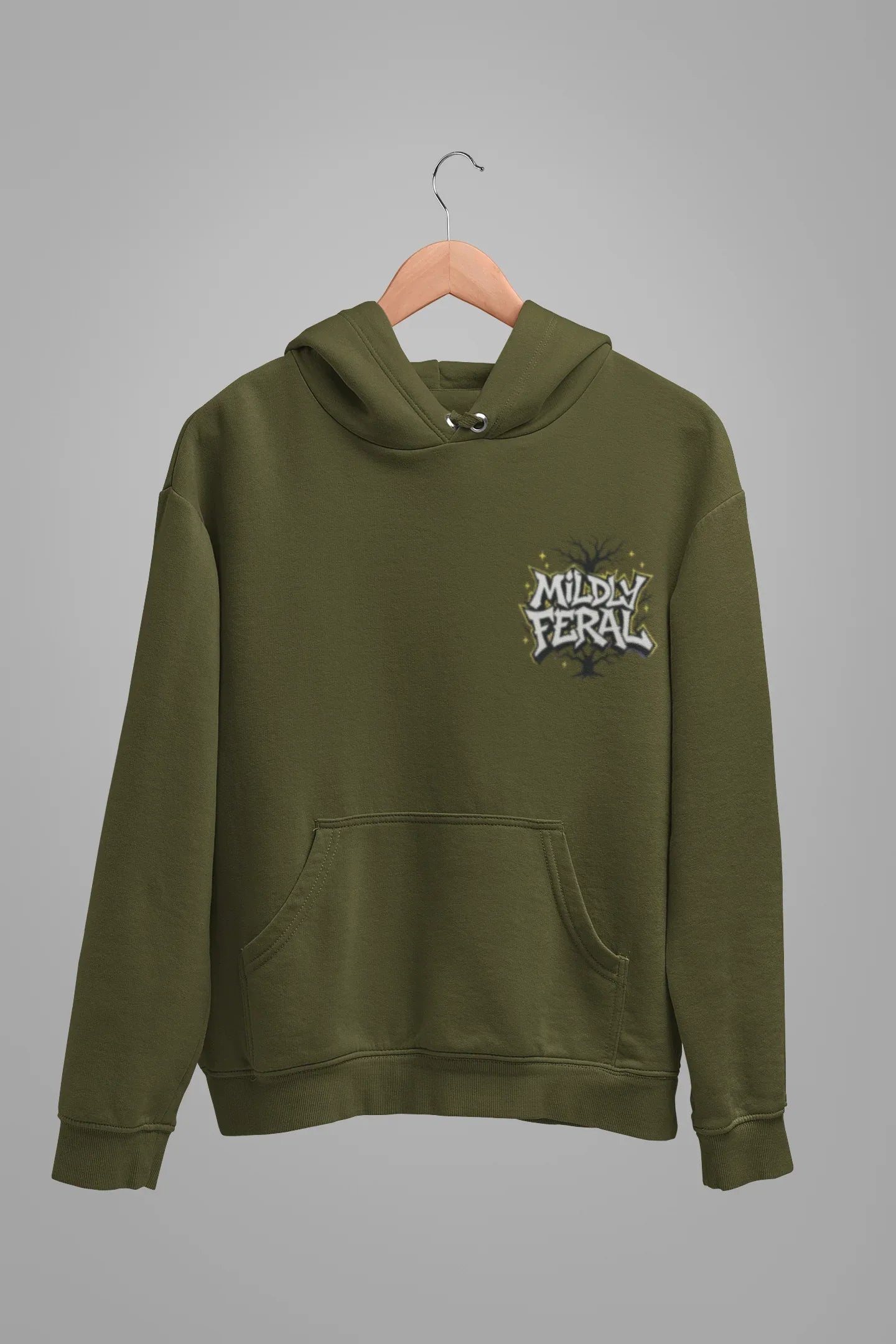 Olive green graphic hoodie with a small chest “Mildly Feral” logo and kangaroo pocket