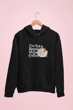 Black hoodie sweatshirt with hood, kangaroo pocket, and coffee mug “Not a Regular Mum” print