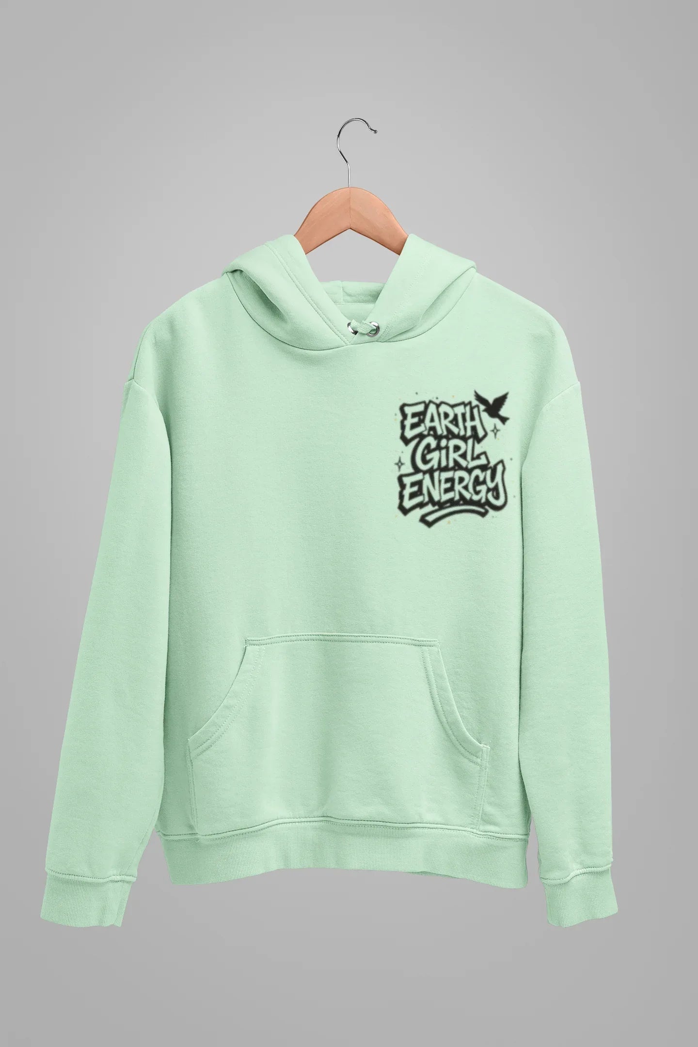 Mint green hoodie with hood, front pocket, and Earth Girl Energy chest logo