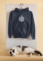Navy unisex hoodie hanging with drawstring hood and chest graphic