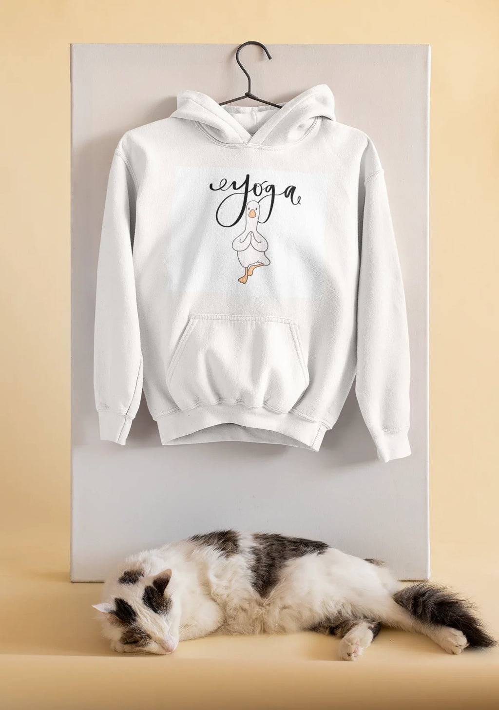 White yoga duck pose hoodie with hood and front pocket