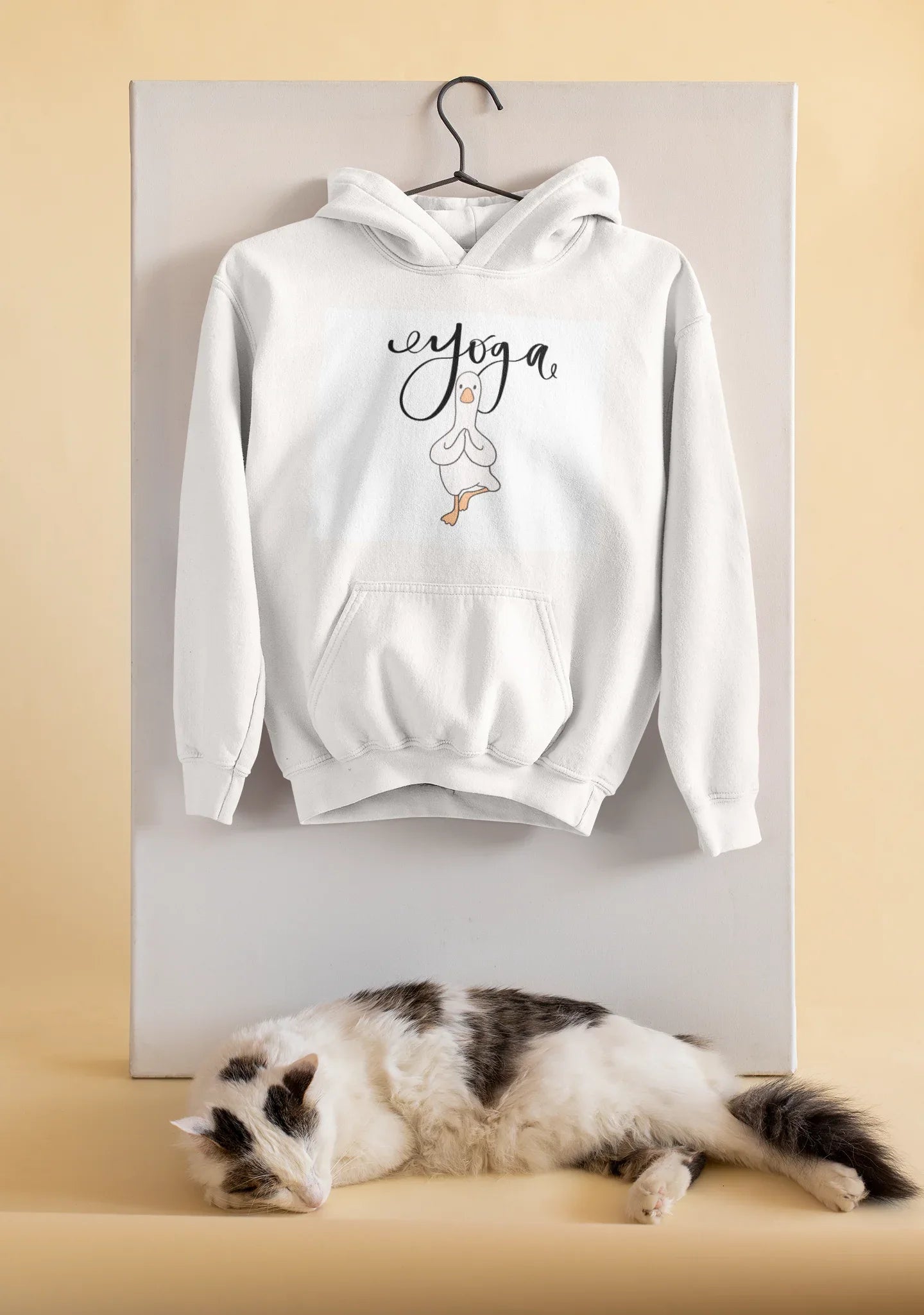 White yoga duck pose hoodie with hood and front pocket