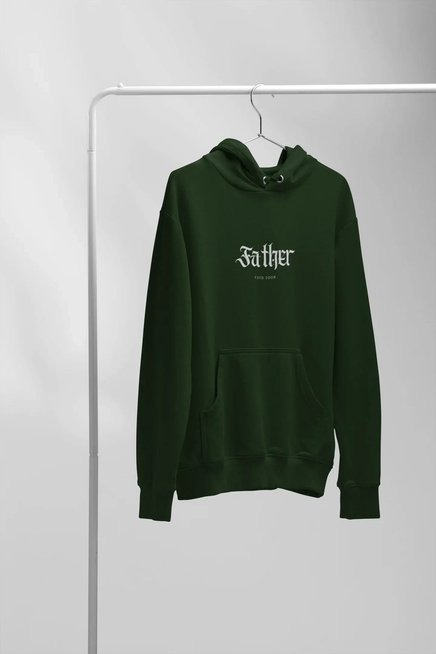 Forest green hoodie with front pouch pocket and hood, “Father” logo on chest