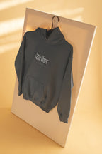 Dark gray hoodie with hood and front pouch pocket, “Father” logo on chest