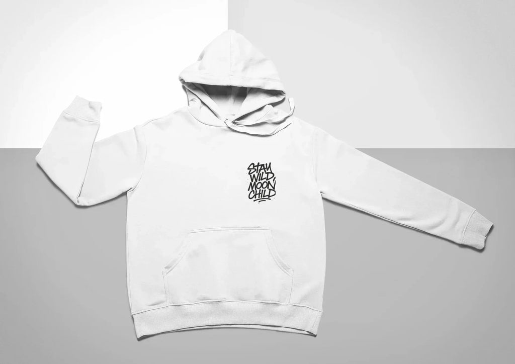 White minimal graphic hoodie with hood, short sleeves, and “Stay Wild Moon Child” chest logo