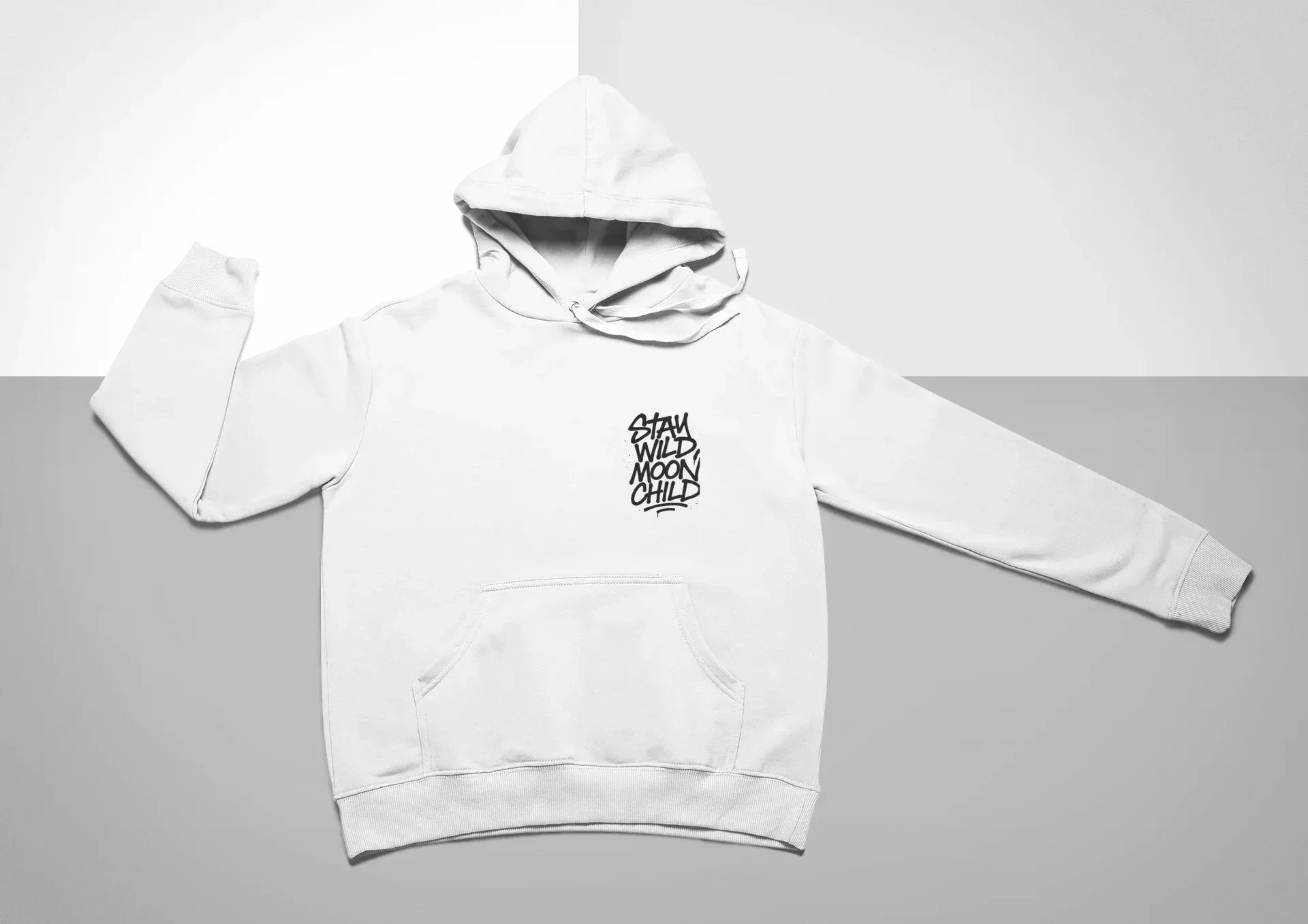 White minimal graphic hoodie with hood, short sleeves, and “Stay Wild Moon Child” chest logo