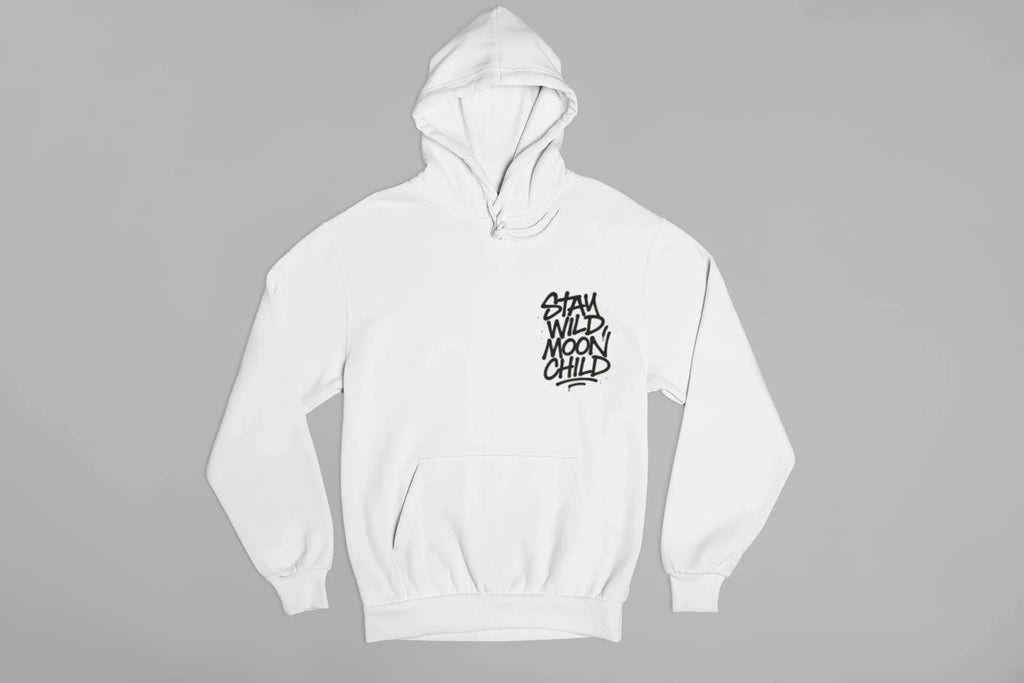 White child pullover hoodie with small 'Stay Wild Moon Child' chest graphic