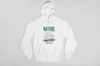 White hoodie back with green nature logo and mountain graphic, pullover style.