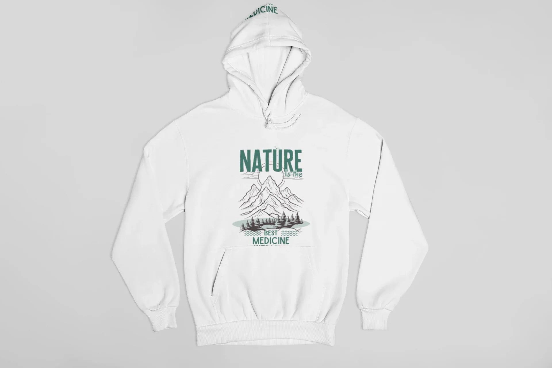 White hoodie back with green nature logo and mountain graphic, pullover style.