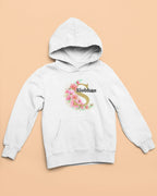 Kids white hoodie with floral chest graphic and personalized name "Siobhan"