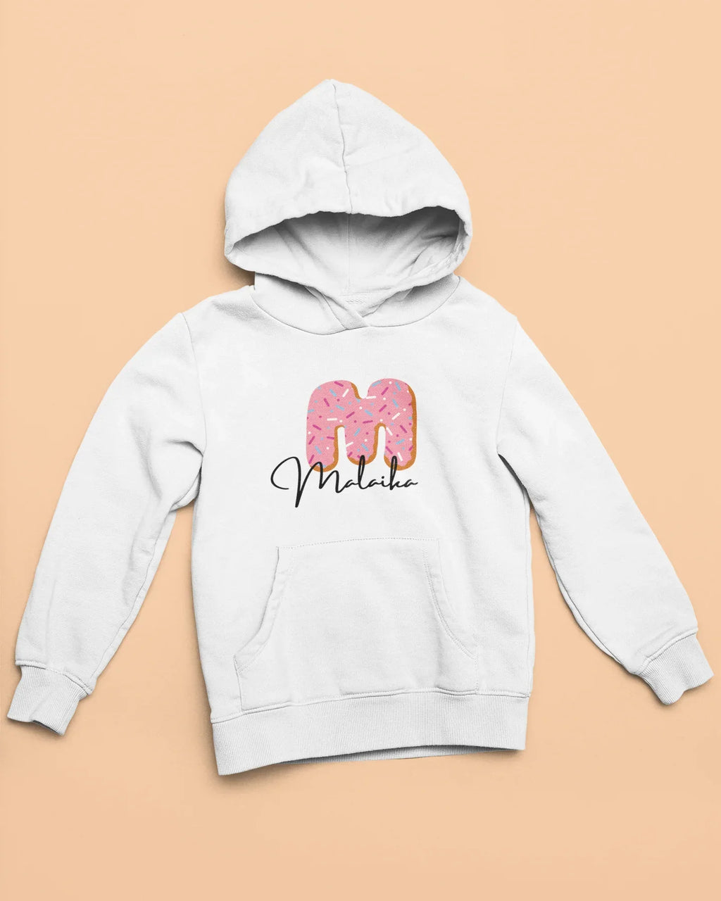 White kids hooded sweatshirt with pink donut graphic and name text on the chest.