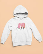 White kids hooded sweatshirt with pink donut graphic and name text on the chest.