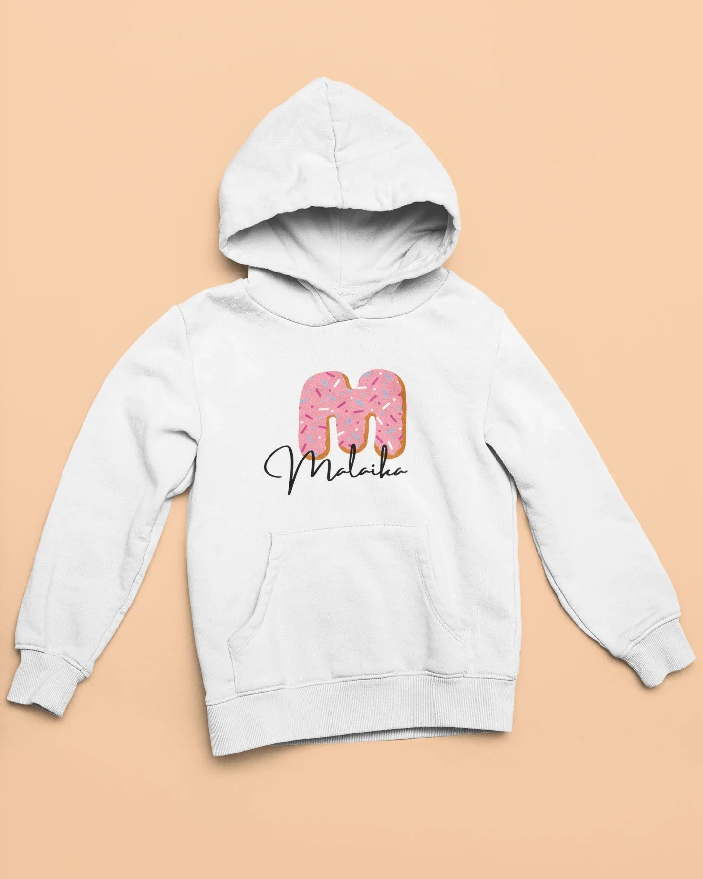 White kids hooded sweatshirt with pink donut graphic and name text on the chest.