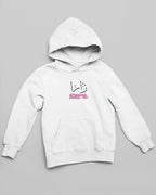 Kids white hoodie with hood up and Arabic name with pink “Aisha” chest print