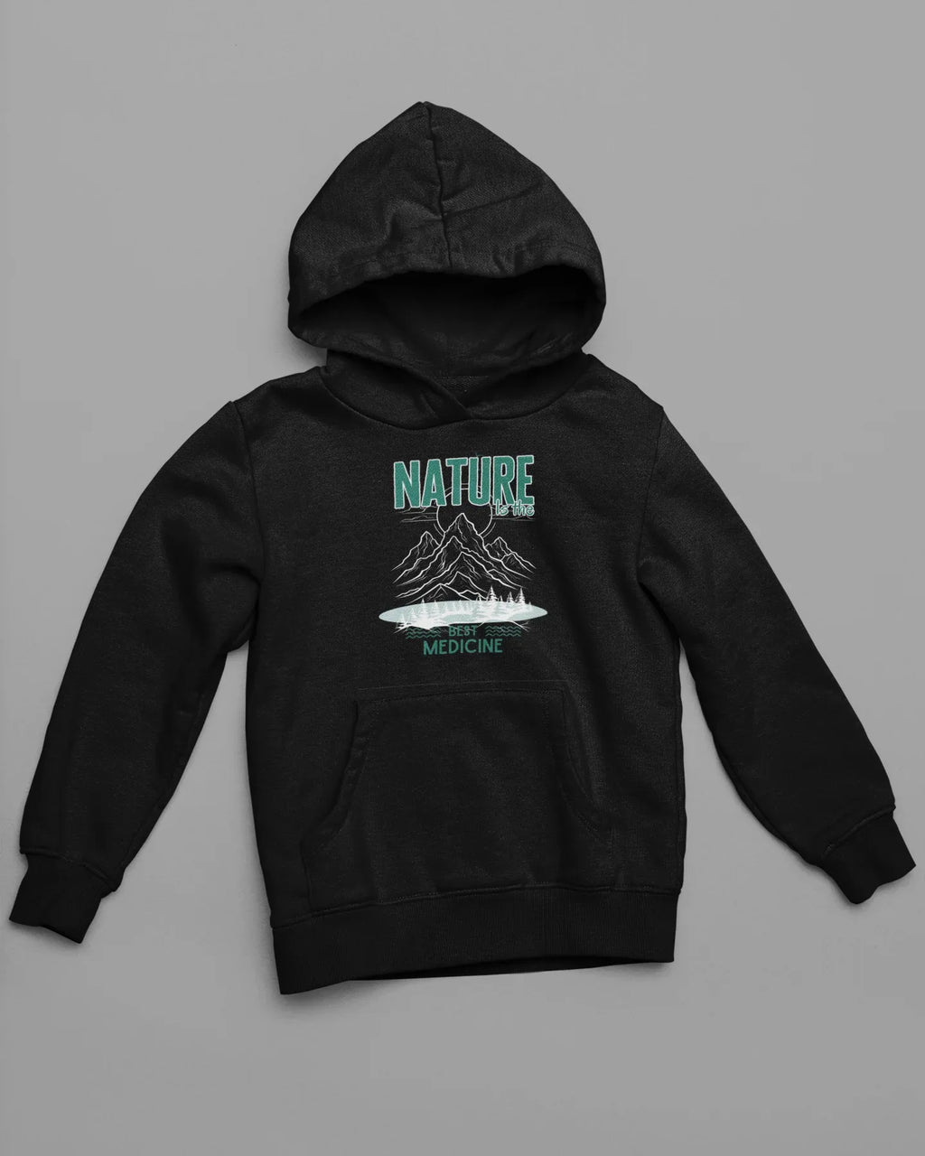 Black hoodie with green nature mountain and “Best Medicine” graphic, front view.