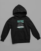 Black hoodie with green nature mountain and “Best Medicine” graphic, front view.
