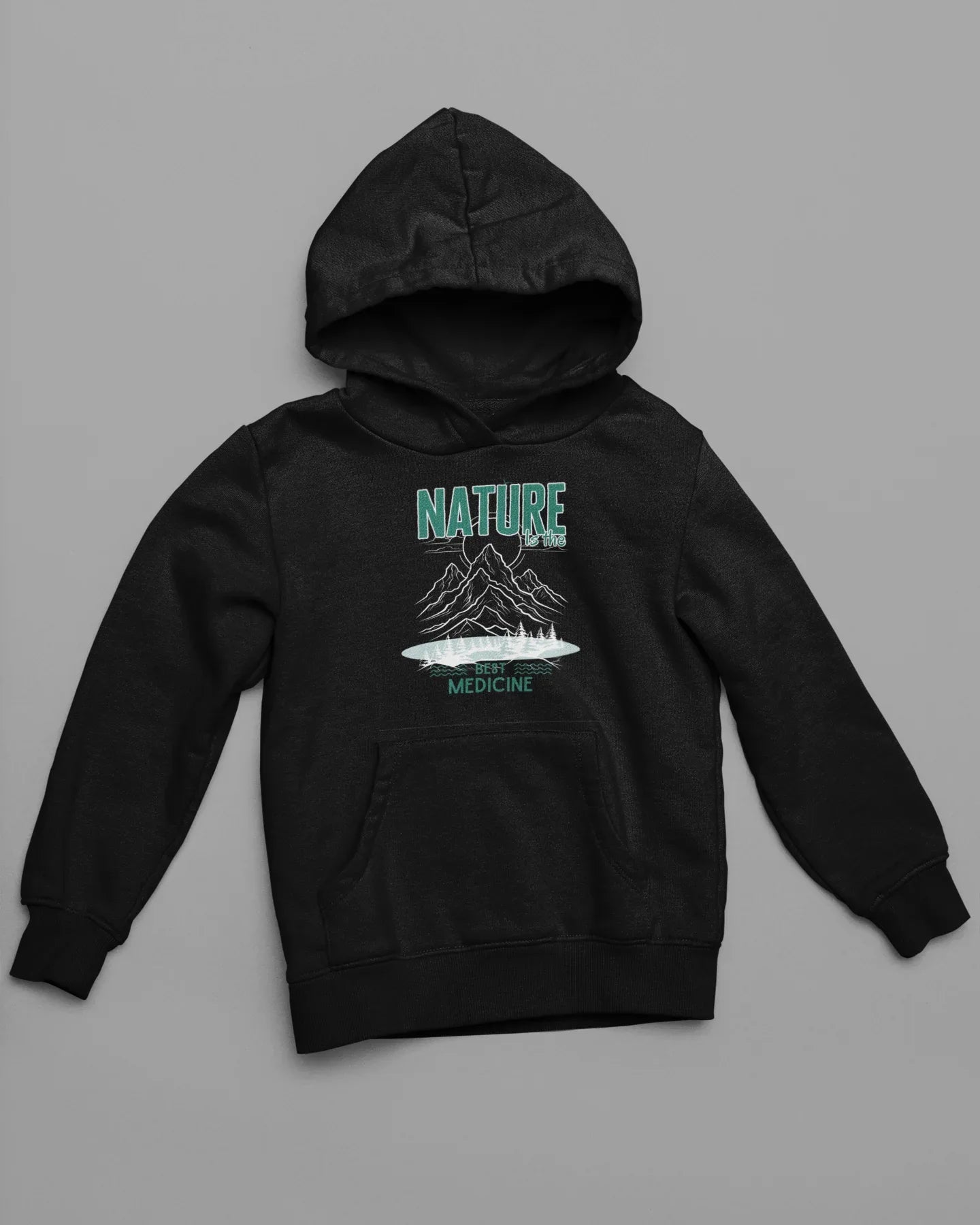 Black hoodie with green nature mountain and “Best Medicine” graphic, front view.